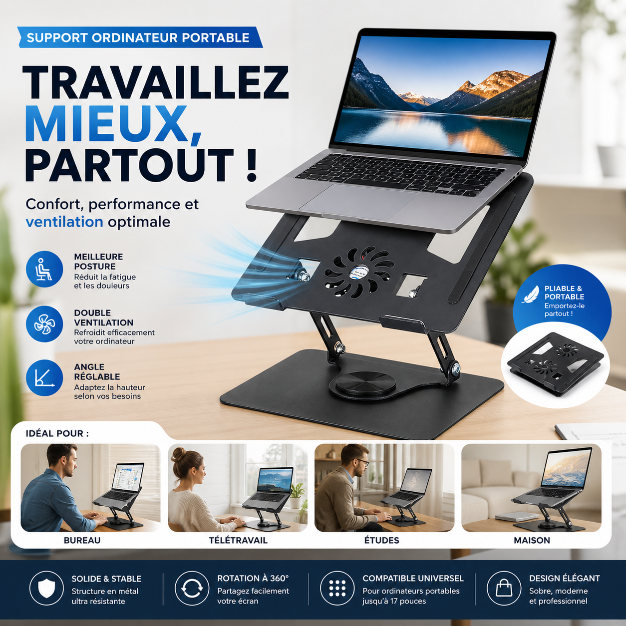 Support Laptop Ventilateurs Intégrés — Refroidissement Actif & Ergonomie